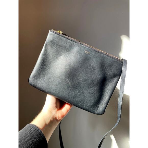 Celine Black Trio Pouch Bag in Lambskin Leather Gold Hardware Crossbody Clutch - Picture 1 of 12